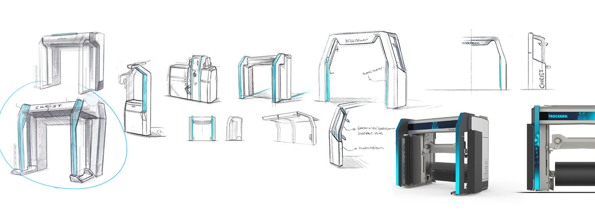 Skizzen und Renderings aus dem Designprozess der Autowaschanlage