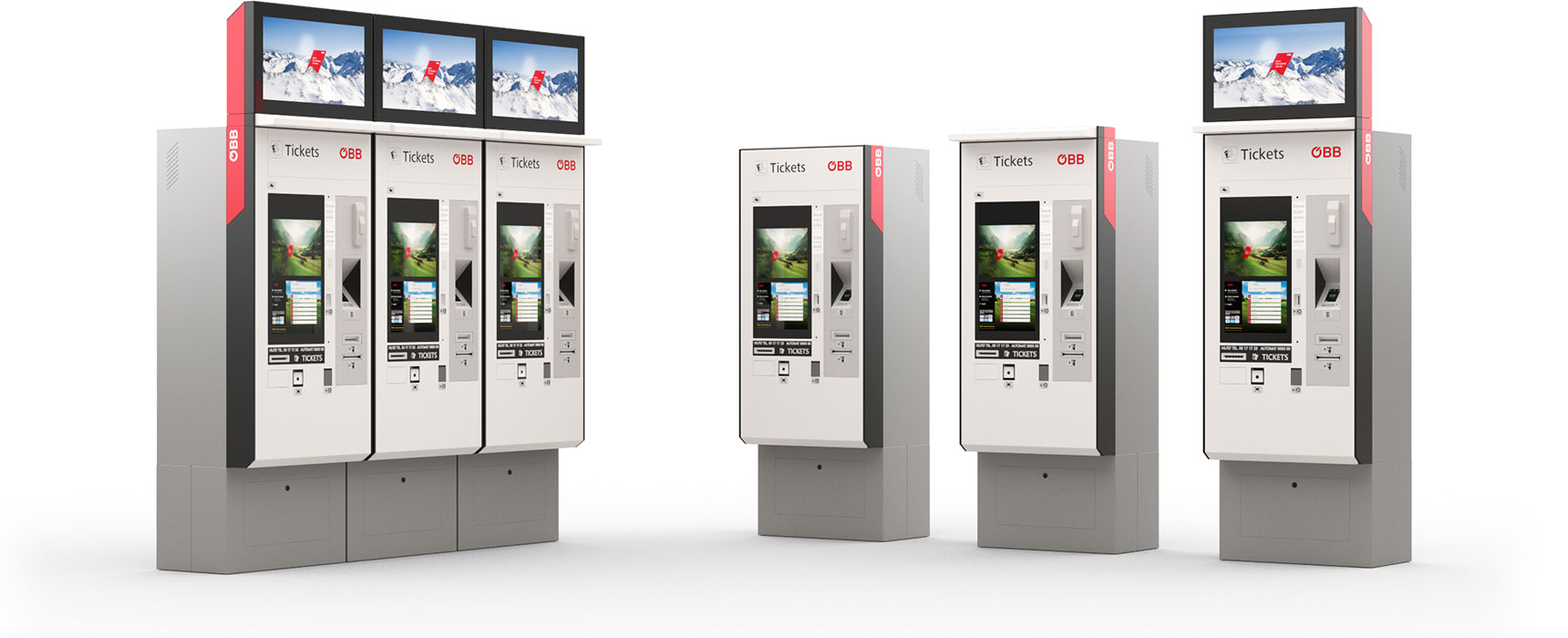 ÖBB-Ticketautomaten aneinandergereiht und Varianten