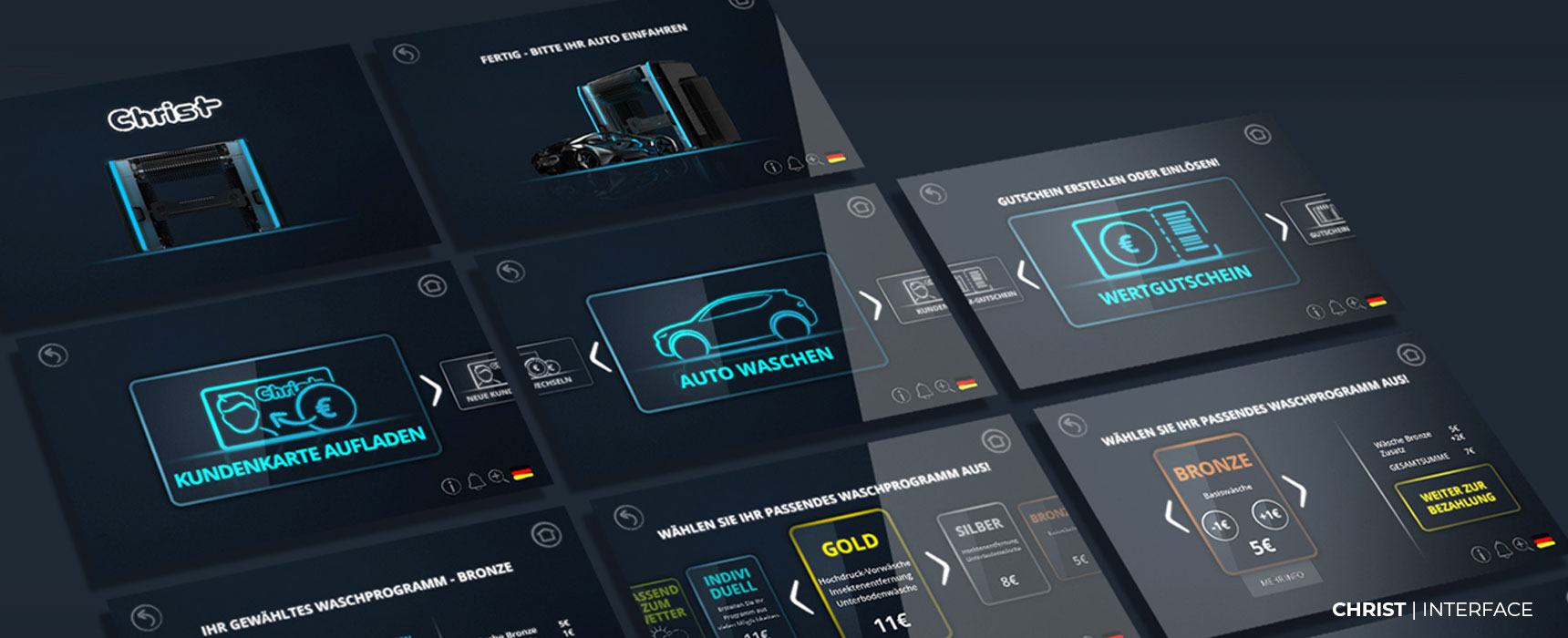 Screenshots des Bediensystems von Christ-Autowaschanlagen
