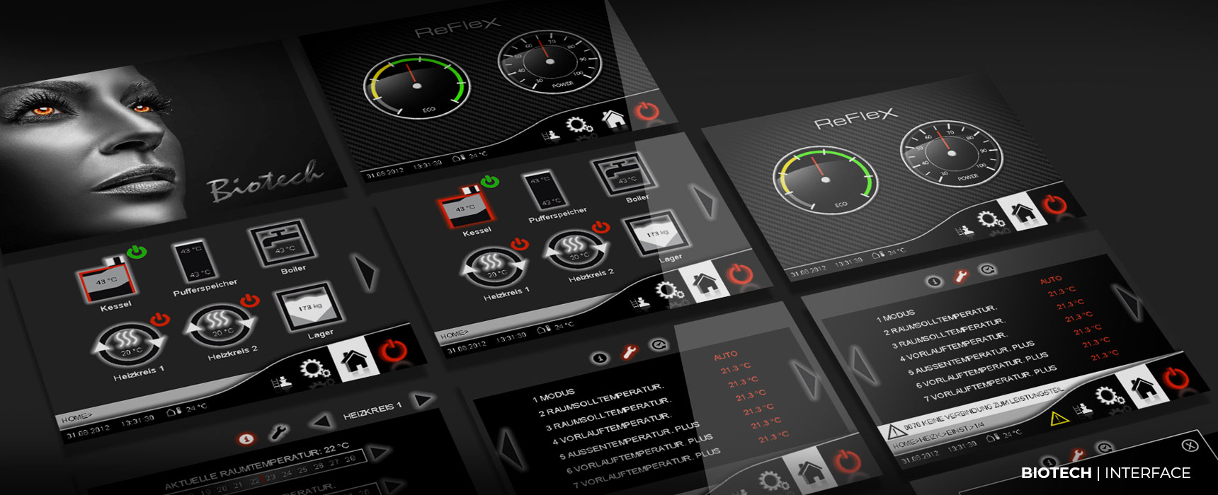 Screenshots der Bedieneinheit der Biotech-Pelletheizung "Top-Light Zero"