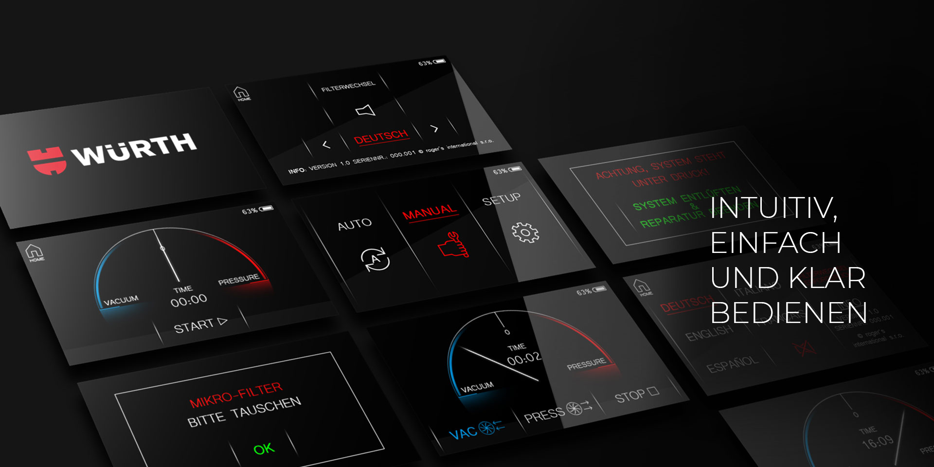 Screenshots der Bedieneinheit eines Windschutzscheiben-Reparatur-Systems: intuitiv, einfach und klar bedienen